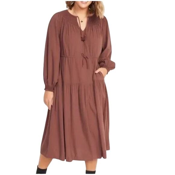 Old Navy 4X Plus Waist Defined Crinkle Textured Long Sleeve Midi Dress Smocked - Picture 1 of 12